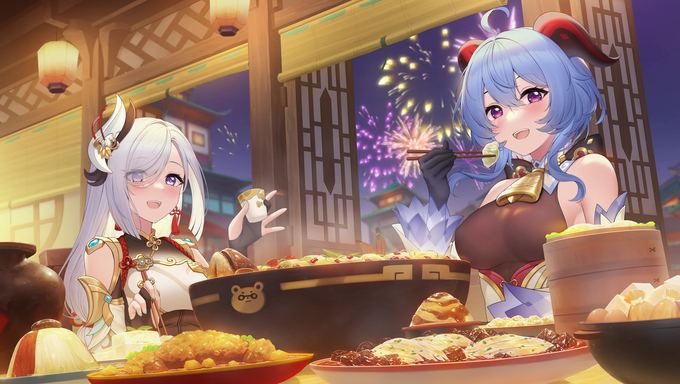 Ganyu And Shenhe Eats Their Fill Under The Fireworks