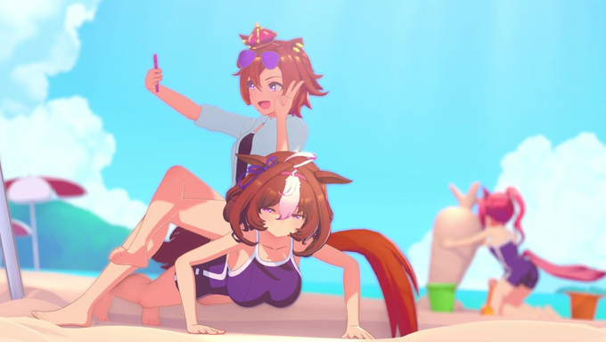 Haru Urara, Meisho Doto, And T.M Opera O Plays In The Beach