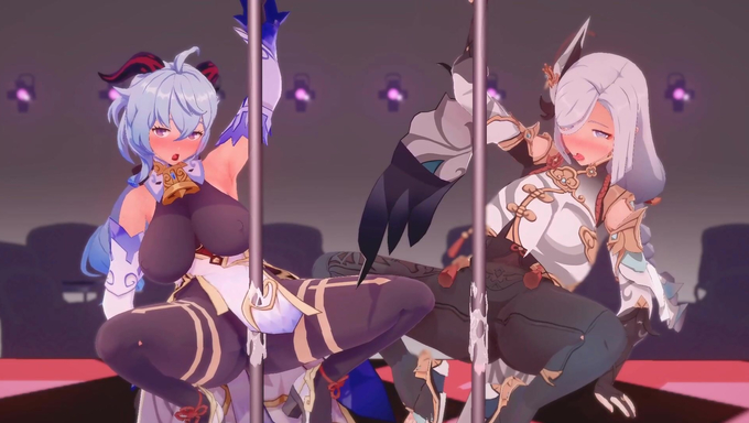 Shenhe And Ganyu Pussy Rubbing By The Pole