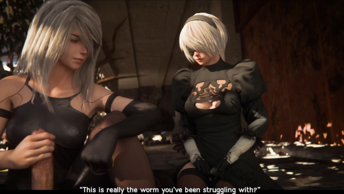 A2 Jerks Off 9S Then Rides Him Sloppy In Front Of 2B