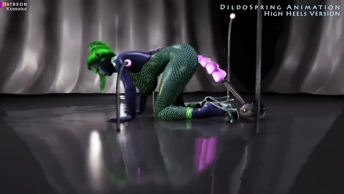 Green Haired Futanari Enjoys Riding A Dildo