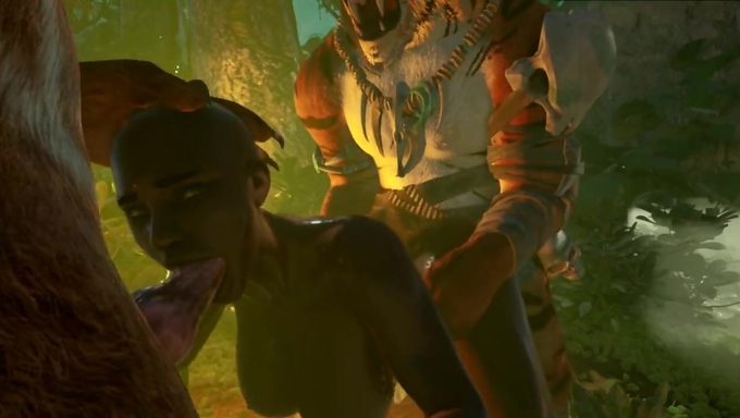 Ebony Woman Gets Spitroasted By Furry Beasts In The Jungle