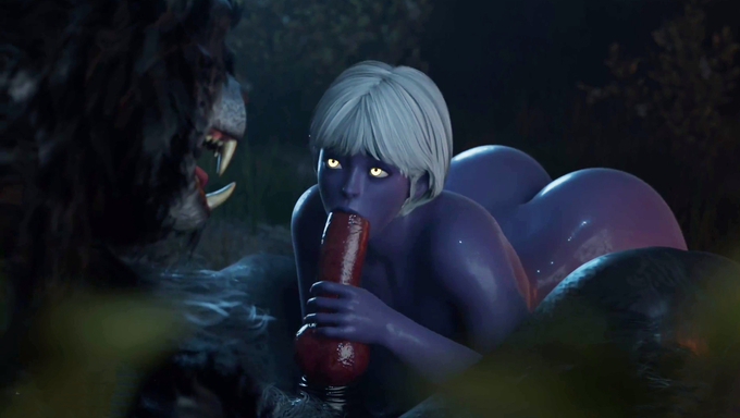 Busty Dark Elf Blows A Werewolf In The Forest