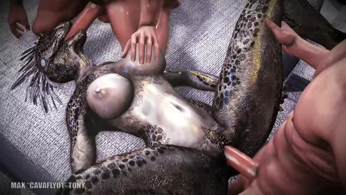 Big Cock Boys Team Up To Fuck A Busty Raptor