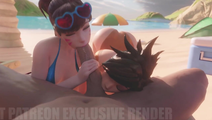 Tracer And D.Va Team Up And Suck A Big Cock On The Beach