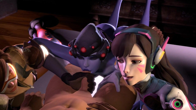 Tracer, Widowmaker, And D.Va Team Up And Fuck A Big Cock