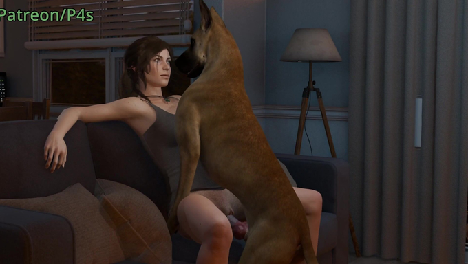 Horny Lara Croft’s Couch Fuck Session With A Dog