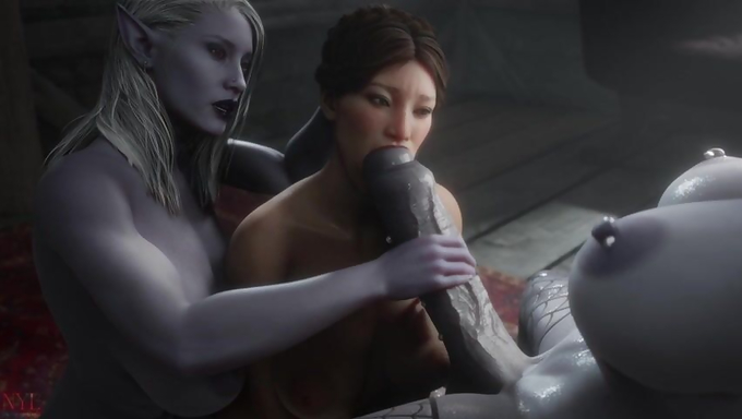 Darcey Has A Wild Hardcore Threesome With Two Busty Futa Elves