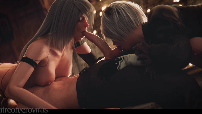 2B and A2 Lick A Cock Together Until He Cums