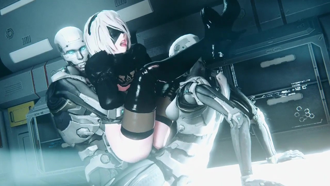 2B Gets Her Pussy And Ass Stretched By Robots And Monsters