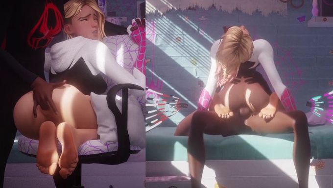 Sex Addict Gwen Stacy Masturbates Before Getting Fucked By Miles Morales And Venom In Her Room