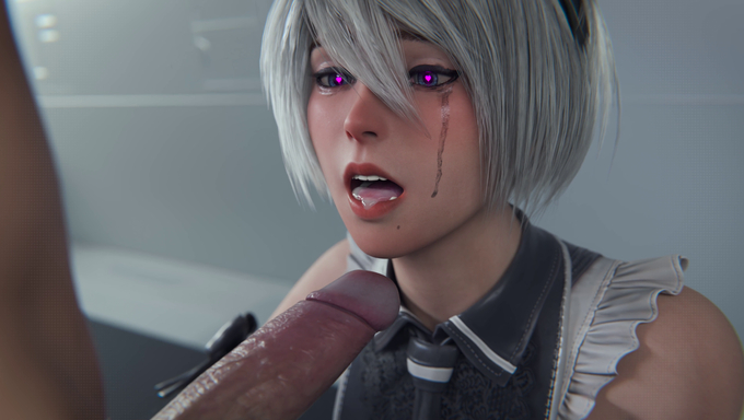 Horny Bastard Pumps His Big Cock Deep Inside 2B's Throat