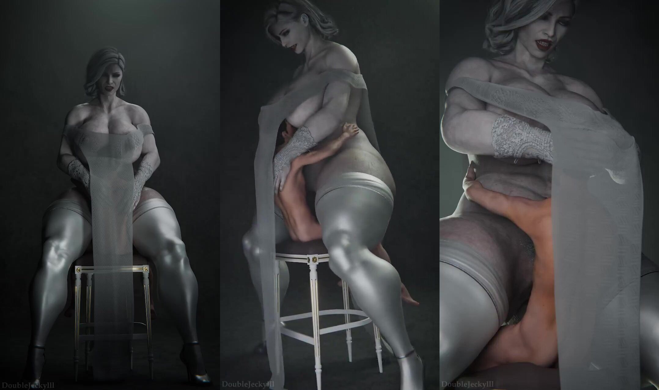 Giantess Lady Dimitrescu Gives Her Full Weight By Riding A Poor Guy On The Chair