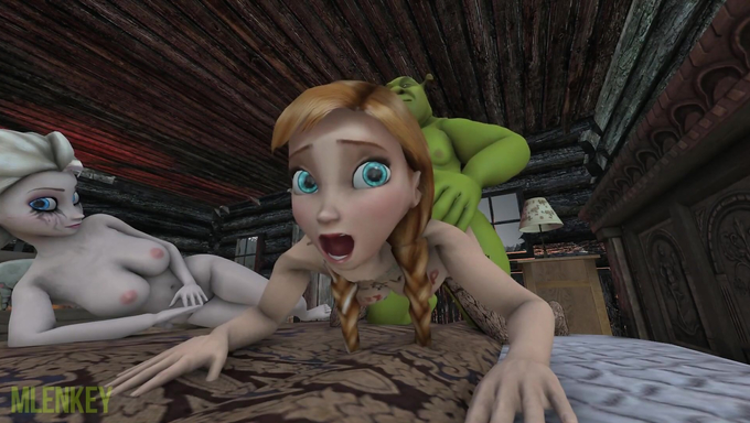 Naughty Elsa And Anna Visit Shrek's House For A Hot Threeway Creampie