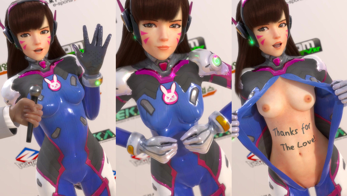 D.Va Flashes Her Tits And Pussy For Her Fans