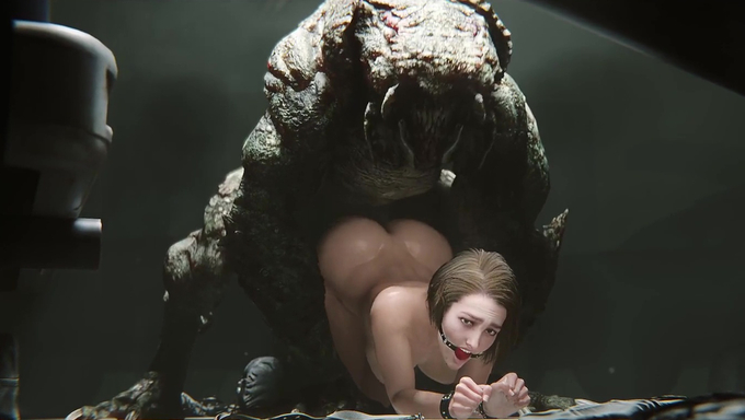 Restrained Jill Valentine Gets Roughly Impregnated By A Scary Hunter