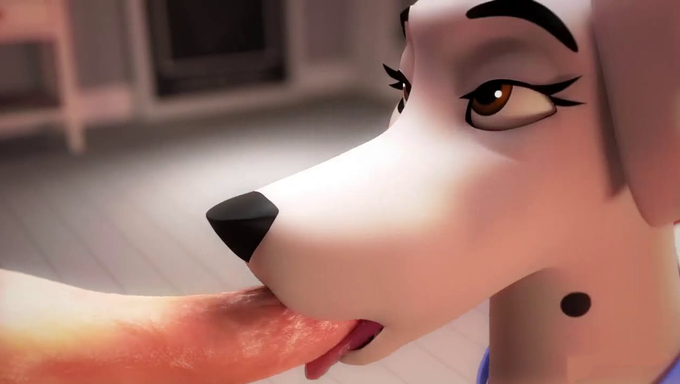 Female Dalmatian Happily Sucks A Human Cock And Gets A Facial In The Lounge
