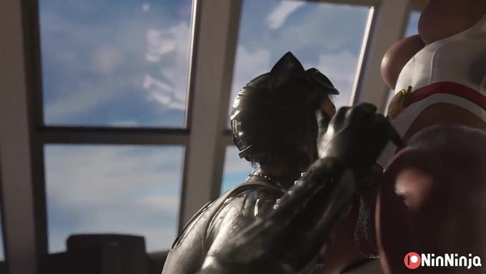 Power Girl Uses Her Massive Futa Cock To Ruin Cat Woman's Pussy On The Bed