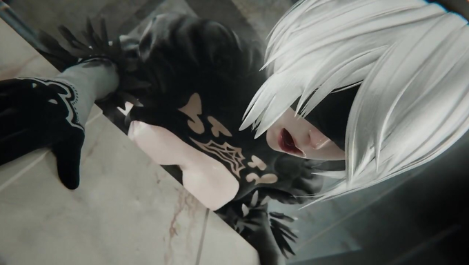 2B Bends Over The Balcony And Gets Anal Creampied