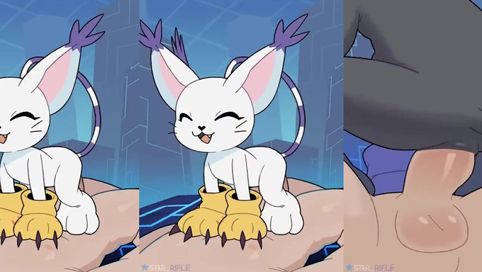 Gatomon And BlackGatomon Take Turn Riding Their Tamer's Cock