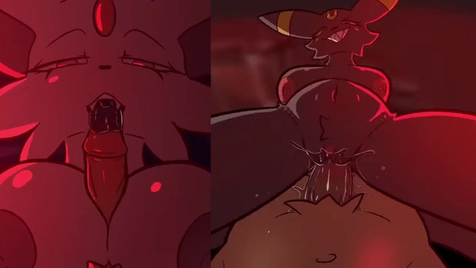 Jolteon Evolves Umbreon And Espeon's Pussy With His Cock