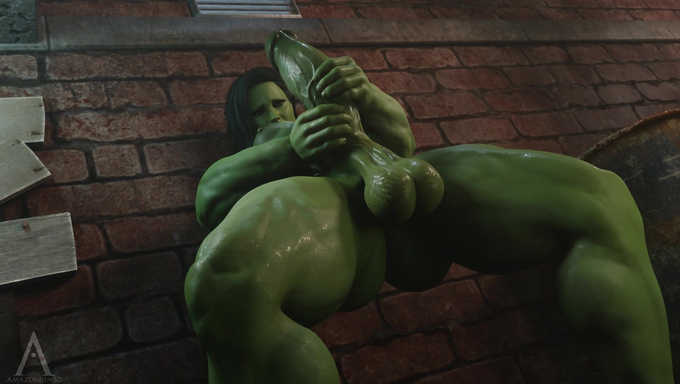 She-Hulk Jerks Her Futa Cock With Both Hands Until She Bursts With Massive Cum