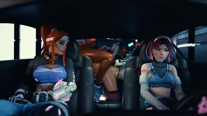 D.Va, Brigitte, Sombra And Kiriko Share A Hot Futa Session In The Car