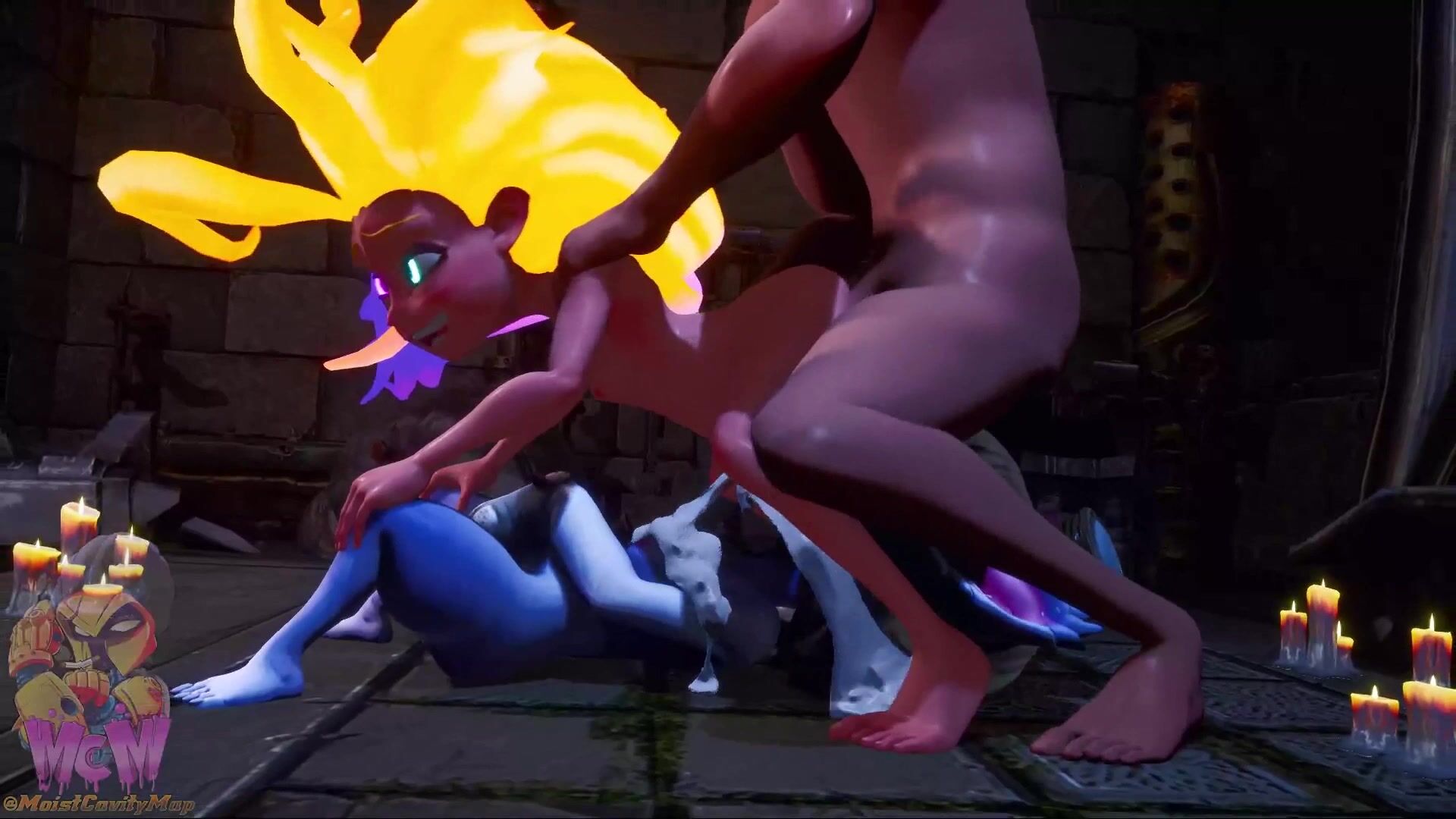 Zoe And Tristana Have A Hot Dungeon Threesome With A Human Cock
