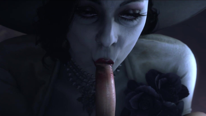 Lady Dimitrescu Blows And Swallows A Human Cock In Standing Position