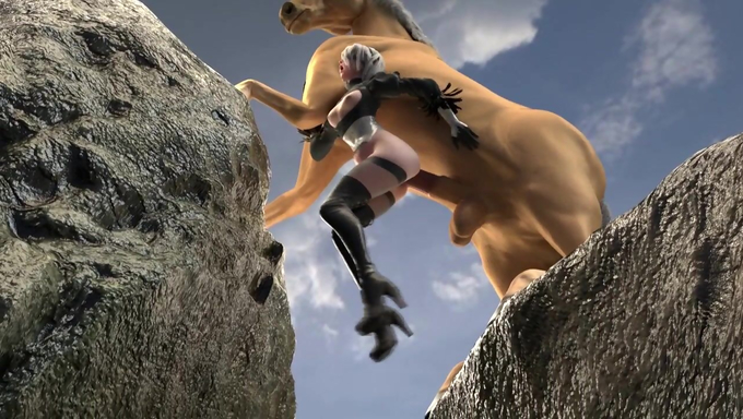 2B Gets Her Ass Smashed By A Horse Between Rocky Cliffs