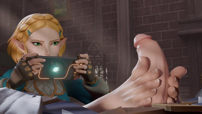 Princess Zelda Gives A Nice Footjob While Playing A Video Game