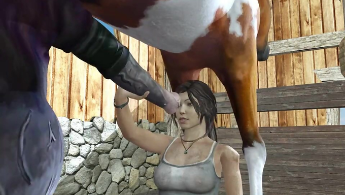Lara Croft Jerks Off A Horse's Cock And Gets Covered With Cum