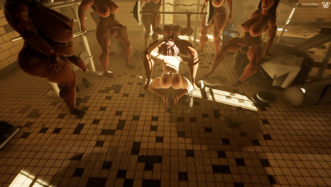 Natural Titted Babe Gets Futa Gangbanged By Her Prison Inmates In The Gym