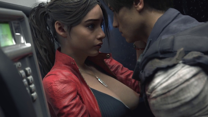 Claire Redfield And Leon Scott Kennedy Squeeze Into The Booth For A Quick Fuck