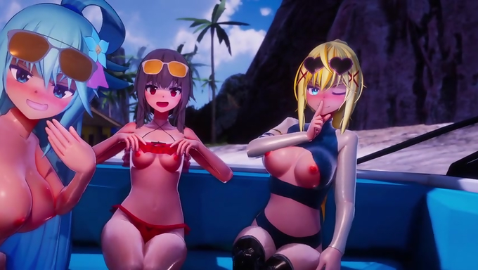 KonoSuba Cuties Spend Their Vacation Dominating A Cock At The Pool