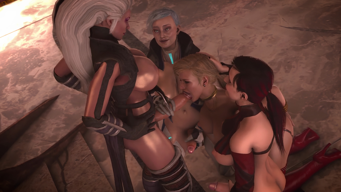 Cassie Cage, Skarlet, And Frost Kneel In Front Of Sindel’s Thick Futa Cock