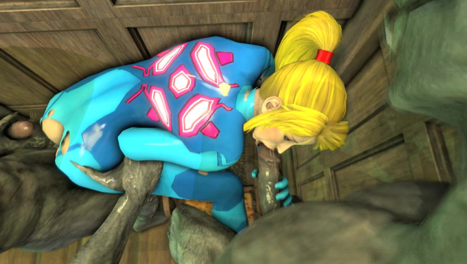 Samus Aran Rubs Her Clit While Getting Spitroasted By Two Monsters