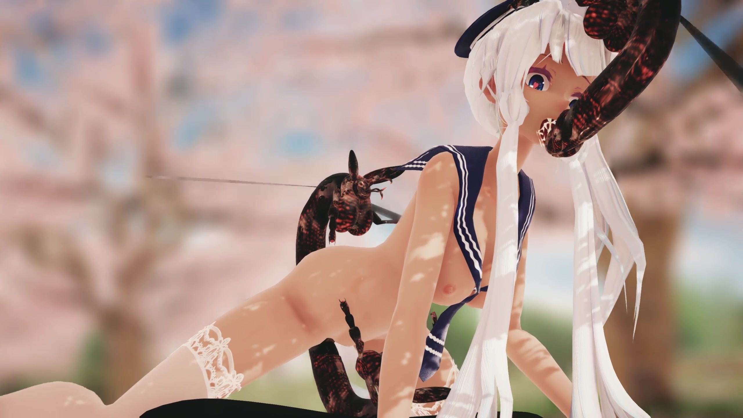 White Haired Girl Gets Triple Penetrated By The Giant Insects