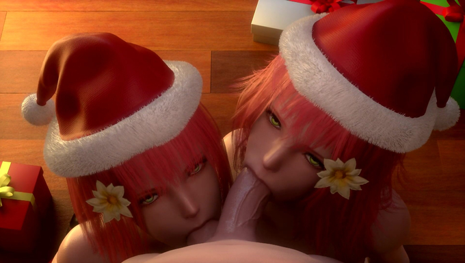 Popola And Devola Share A Christmas Blowjob With A Lucky Stranger