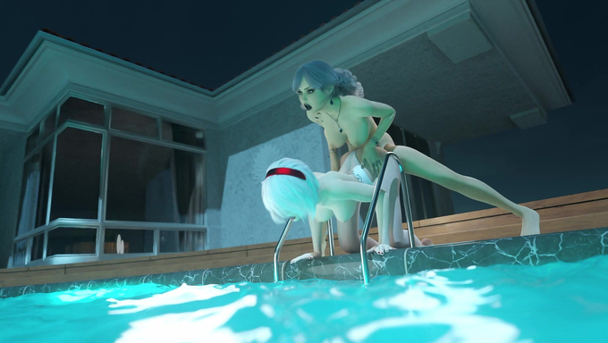 2B Receives A Sloppy Pounding From Futa Tyra Amberwood By The Glowing Pool At Night