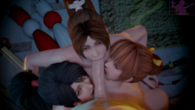Lucky Stranger Gets Her Big Cock Sucked By Momiji, Kasumi And Mai Shiranui