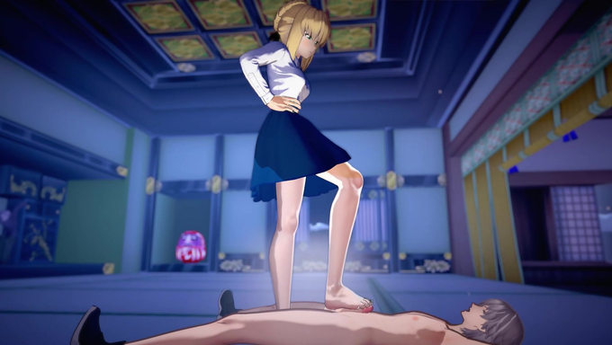 Artoria Pendragon Steps On Her BF’s Dick And Makes Him Cum