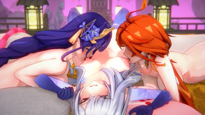 Mavuika, Skirk, And Raiden Ei Enjoy Sucking Each Other's Tits