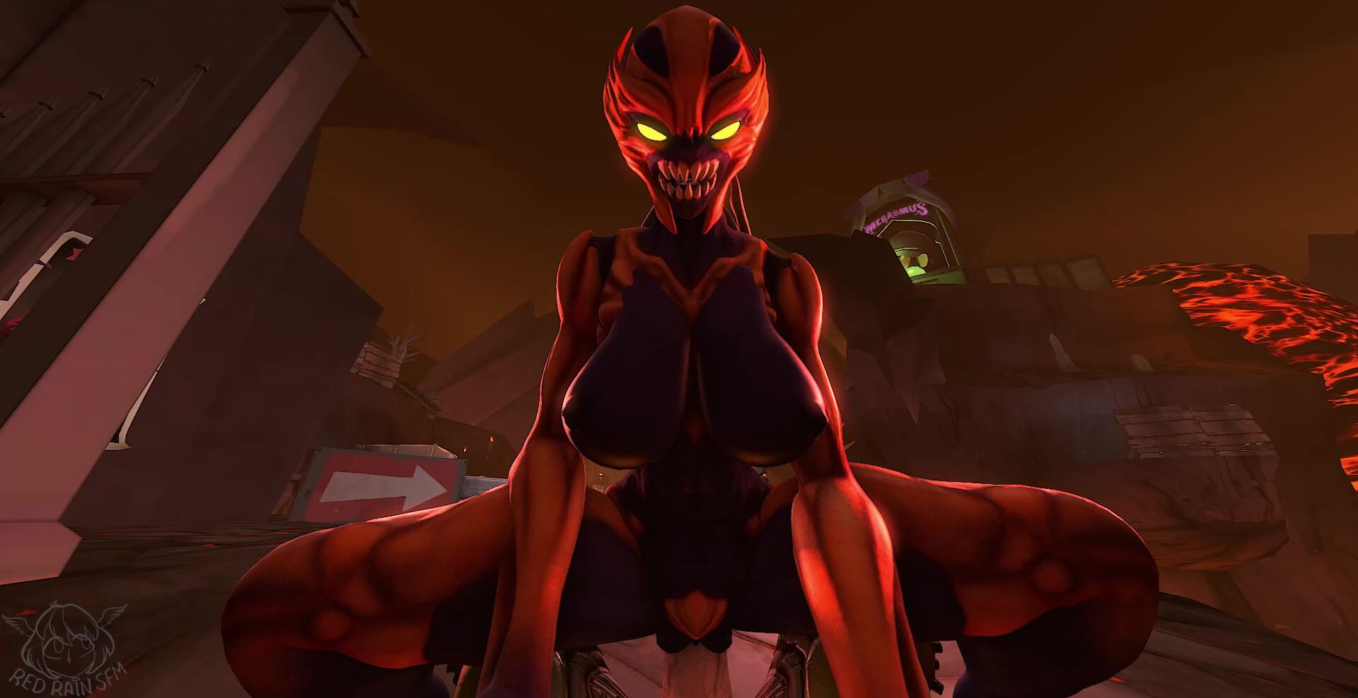 Busty  Female Imp Rides A Big Cock In The Depths Of Hell