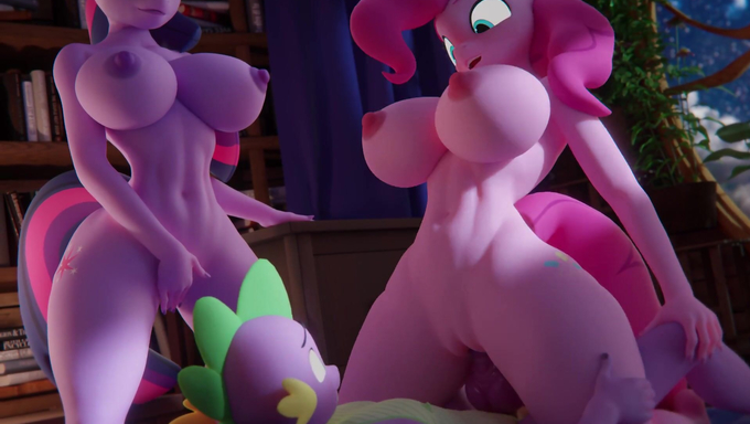 Pinkie Pie Rides Spike's Big Cock While Twilight Sparkle Is Playing With Her Clit