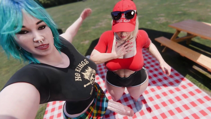 Two Busty Babes Gets Fucked Hard On The Grassy Field