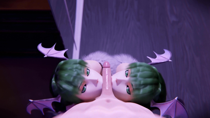Morrigan Aensland And Her Doppelganger Enjoy Giving A Human A Blowjob